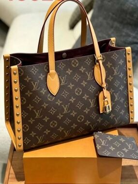 Classic Monogram Stud-Trim Tote in Brown and Tan